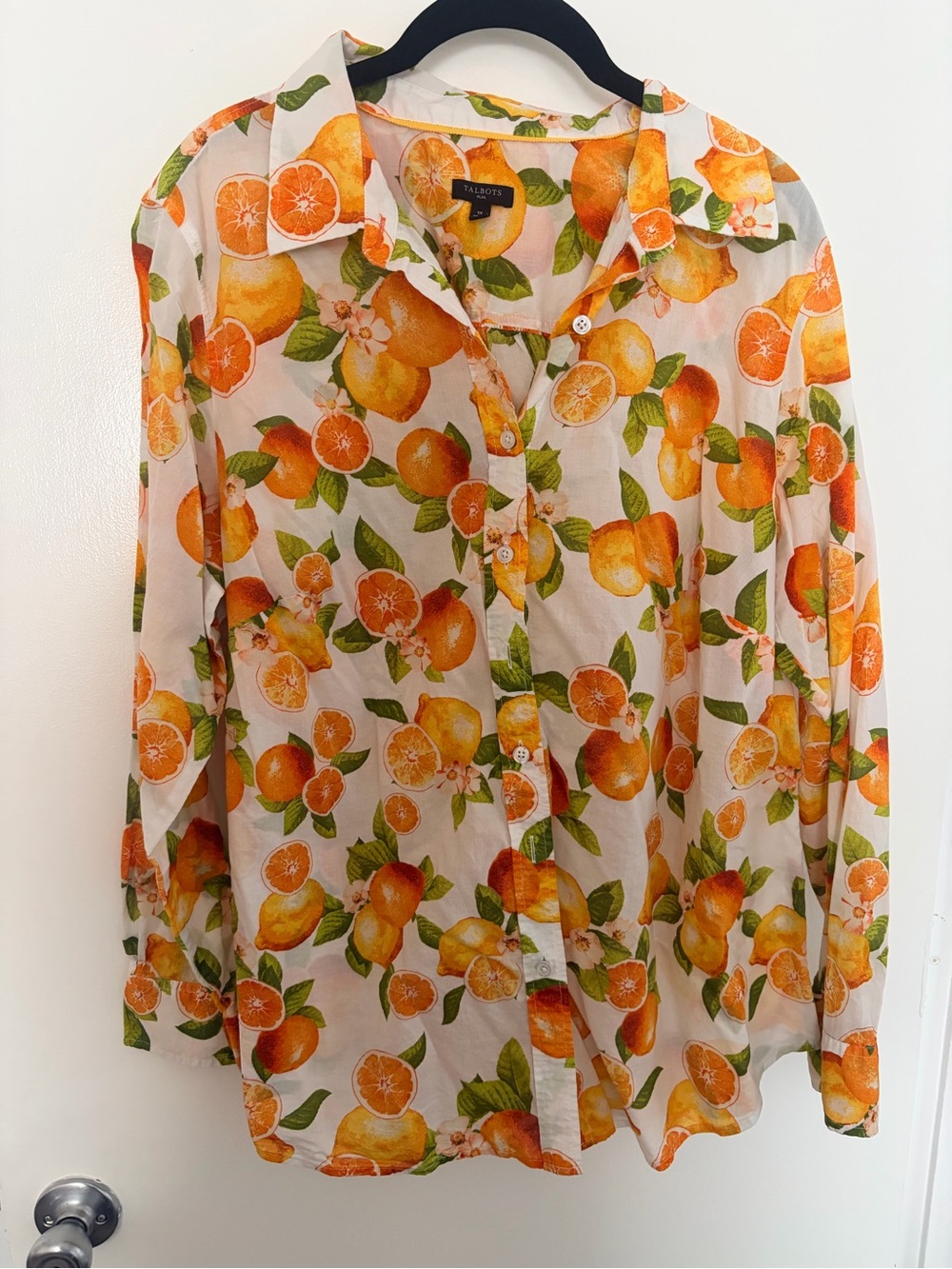Talbots Plus 1X Citrus Orange Lemon Print Button Down Blouse